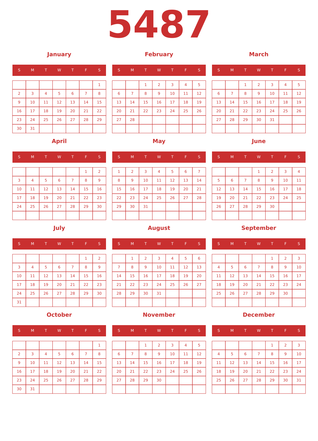 Printable 5487 Year Calendars red