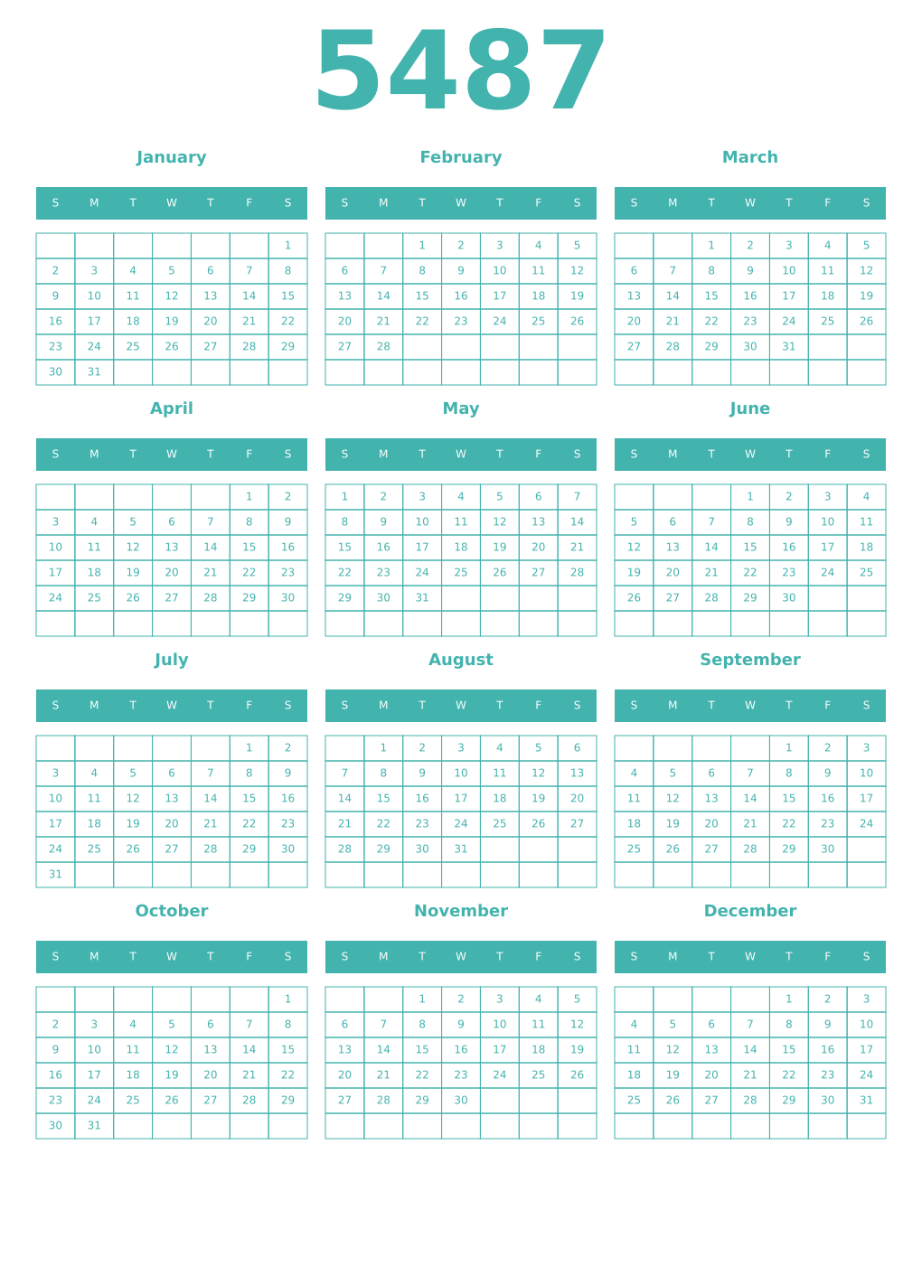 Printable 5487 Year Calendars verdigris