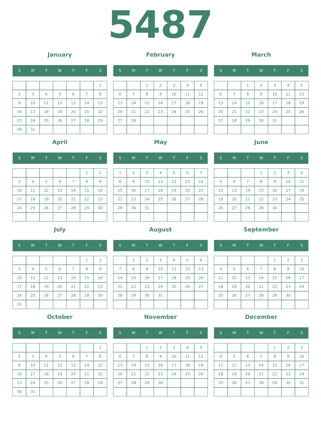 Printable 5487 Year Calendars viridian