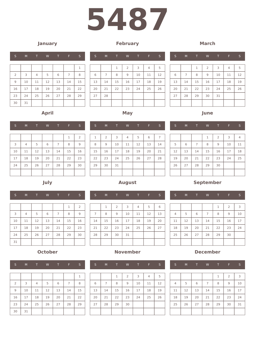 Printable 5487 Year Calendars wenge