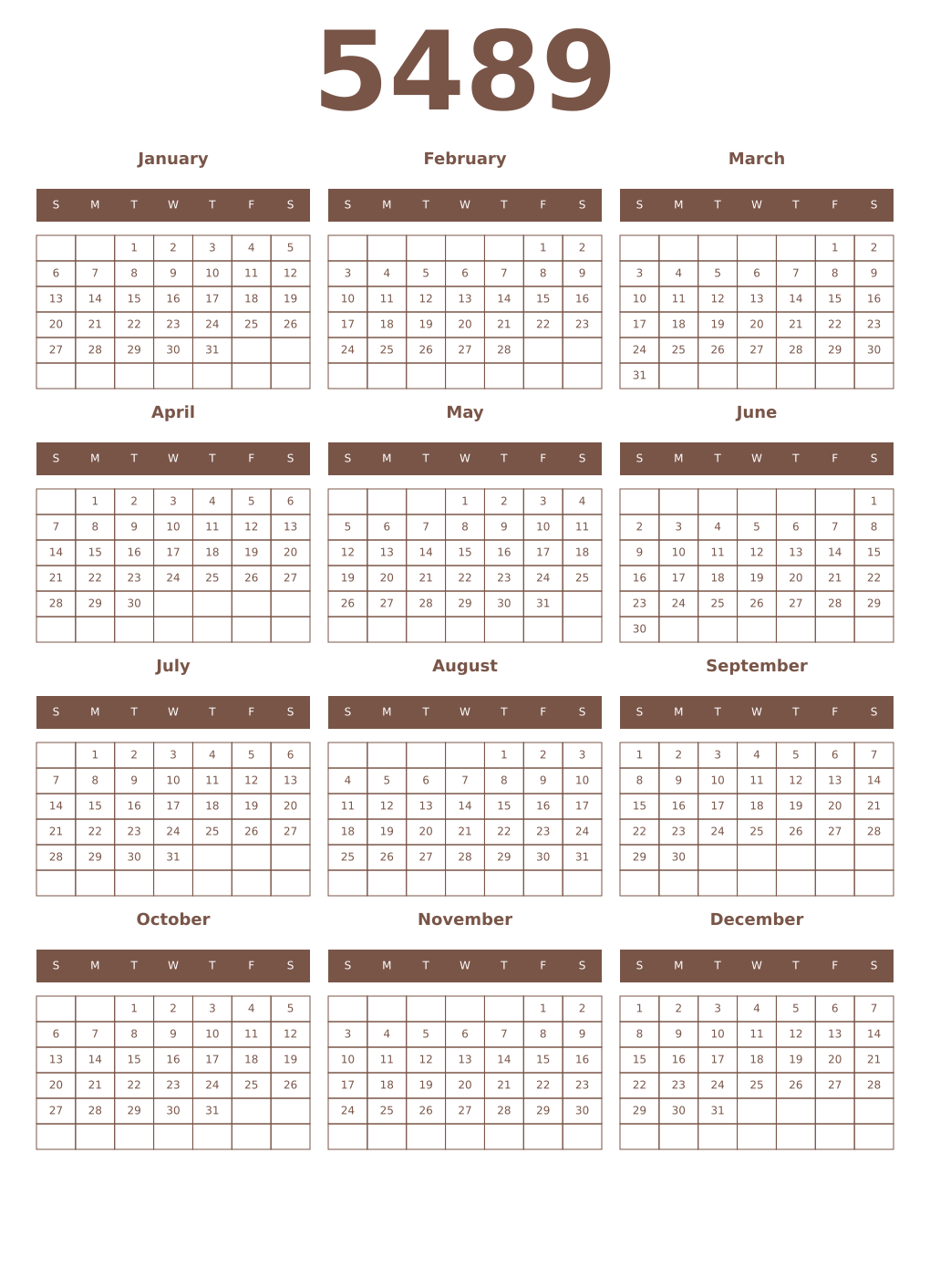 Printable 5489 Year Calendars coffe
