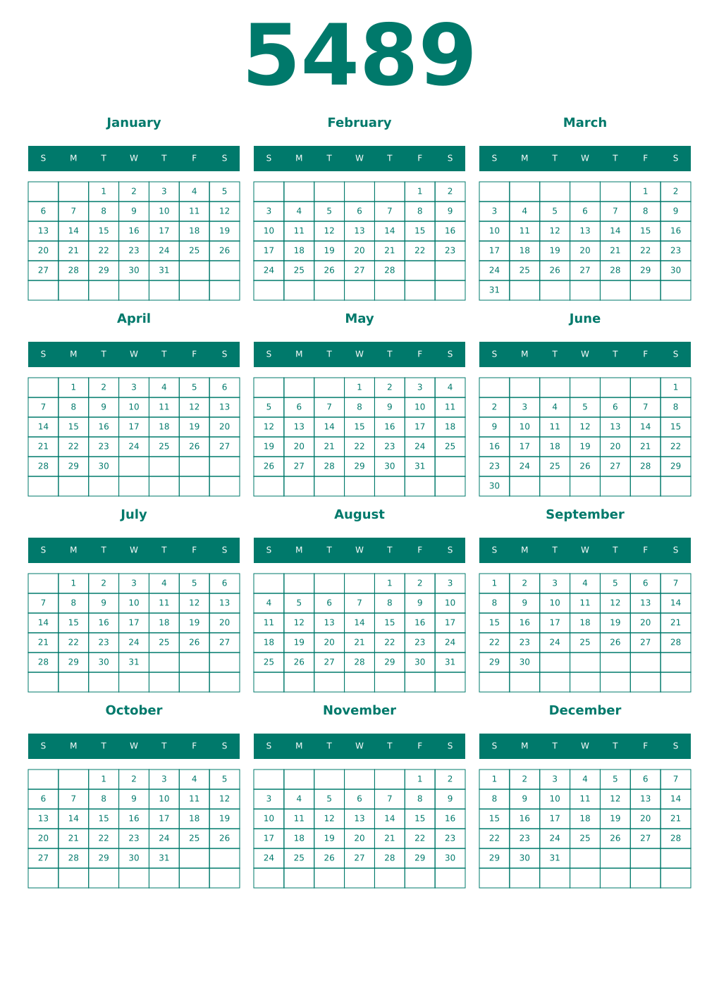 Printable 5489 Year Calendars pastel