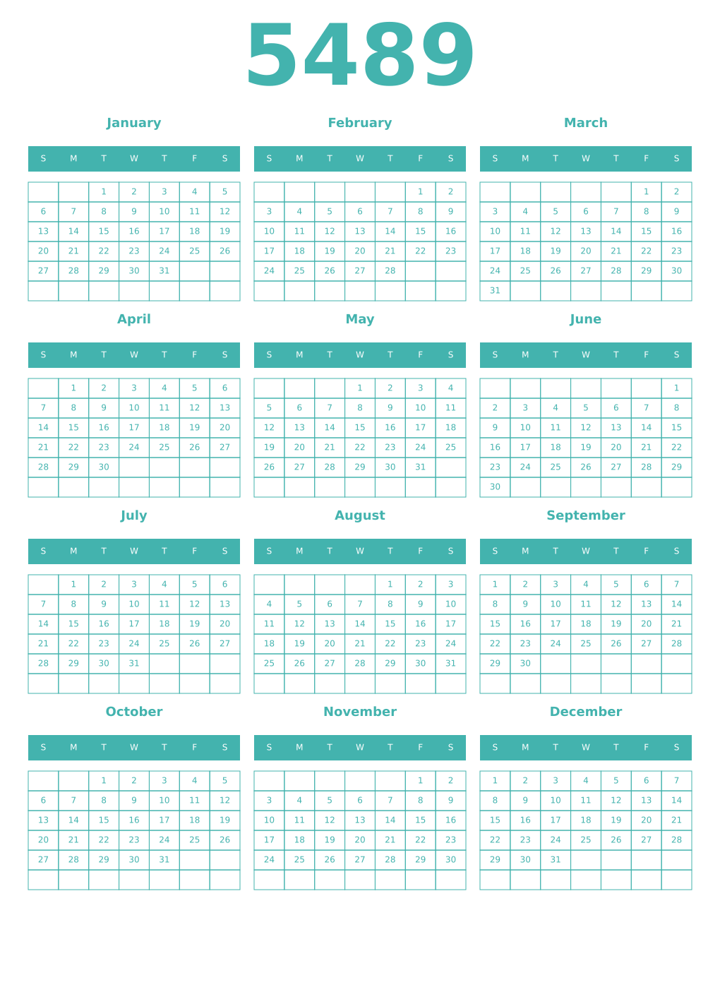 Printable 5489 Year Calendars verdigris