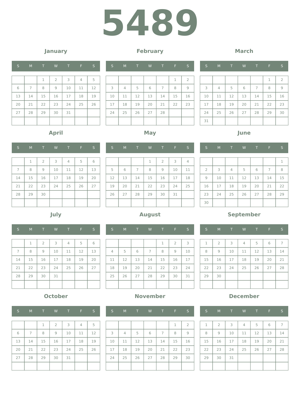 Printable 5489 Year Calendars xanadu