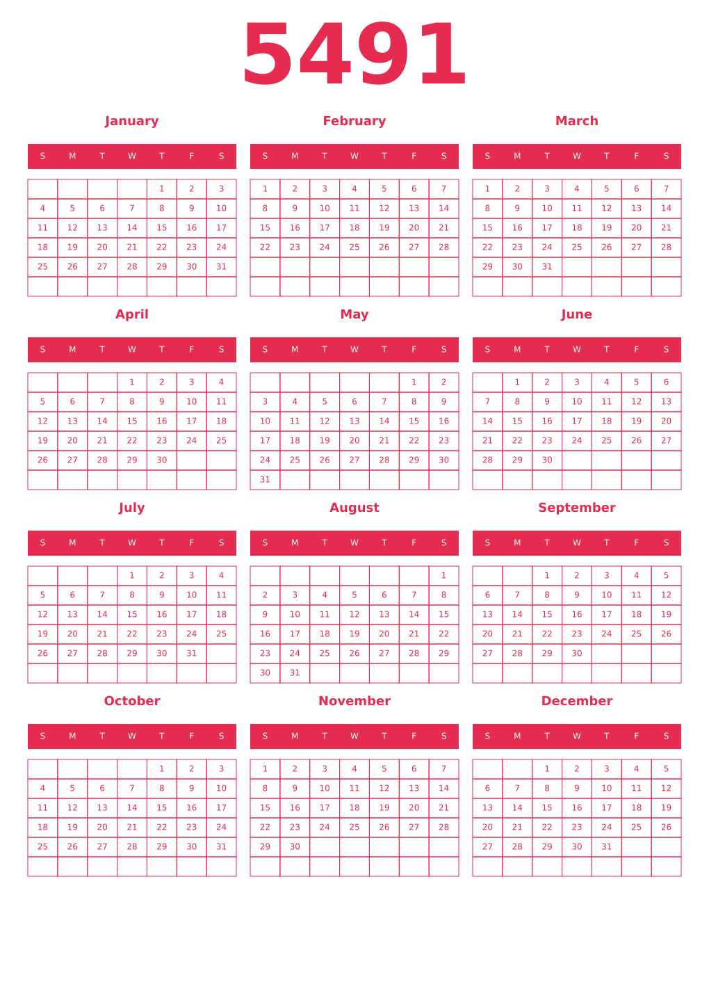 Printable 5491 Year Calendars amaranth