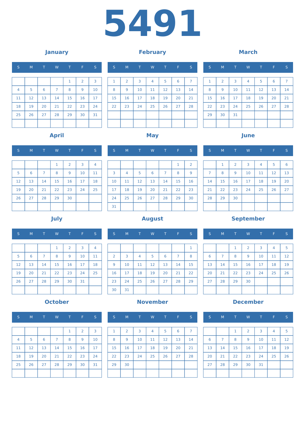Printable 5491 Year Calendars blue