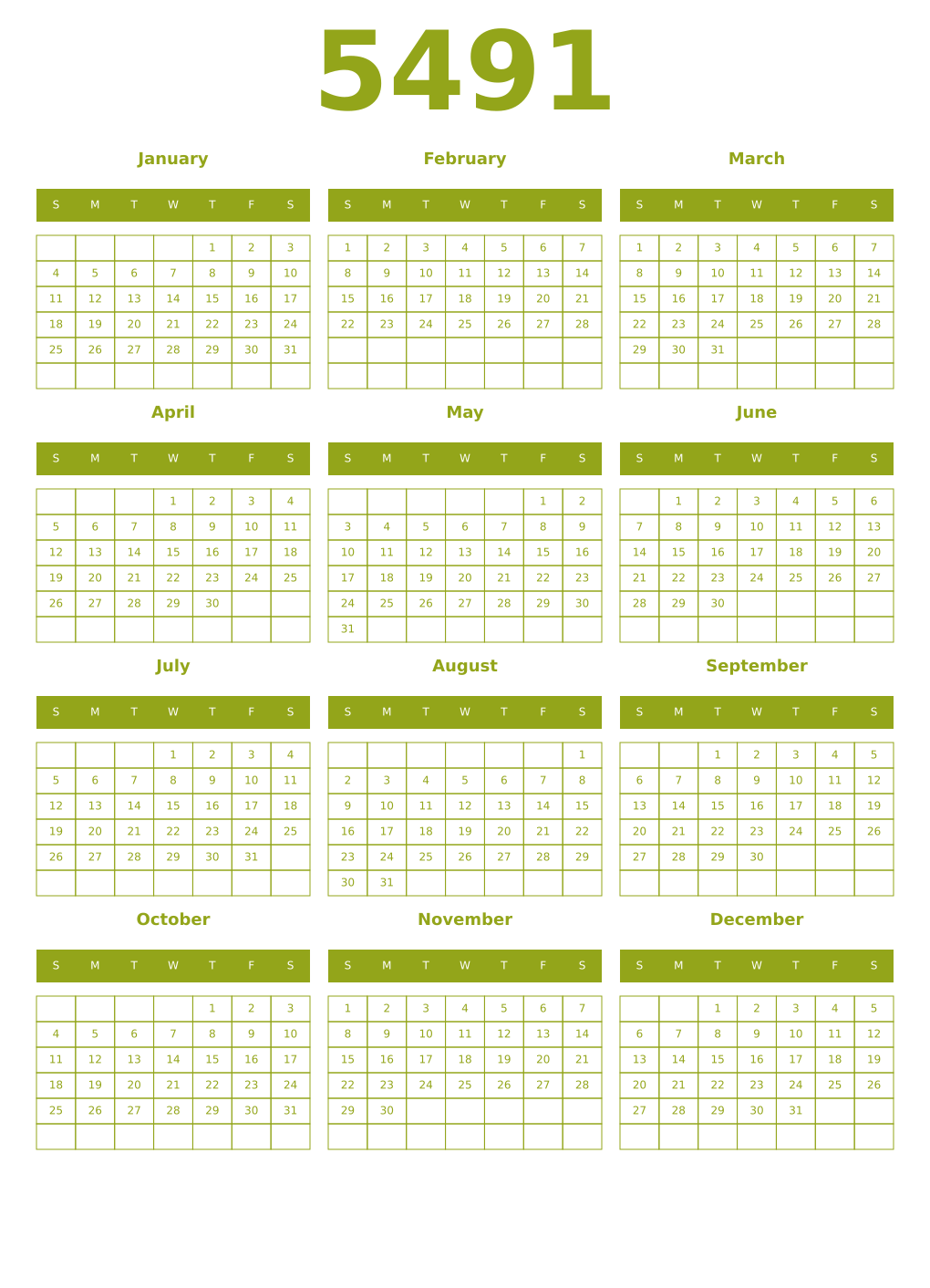 Printable 5491 Year Calendars chartreuse