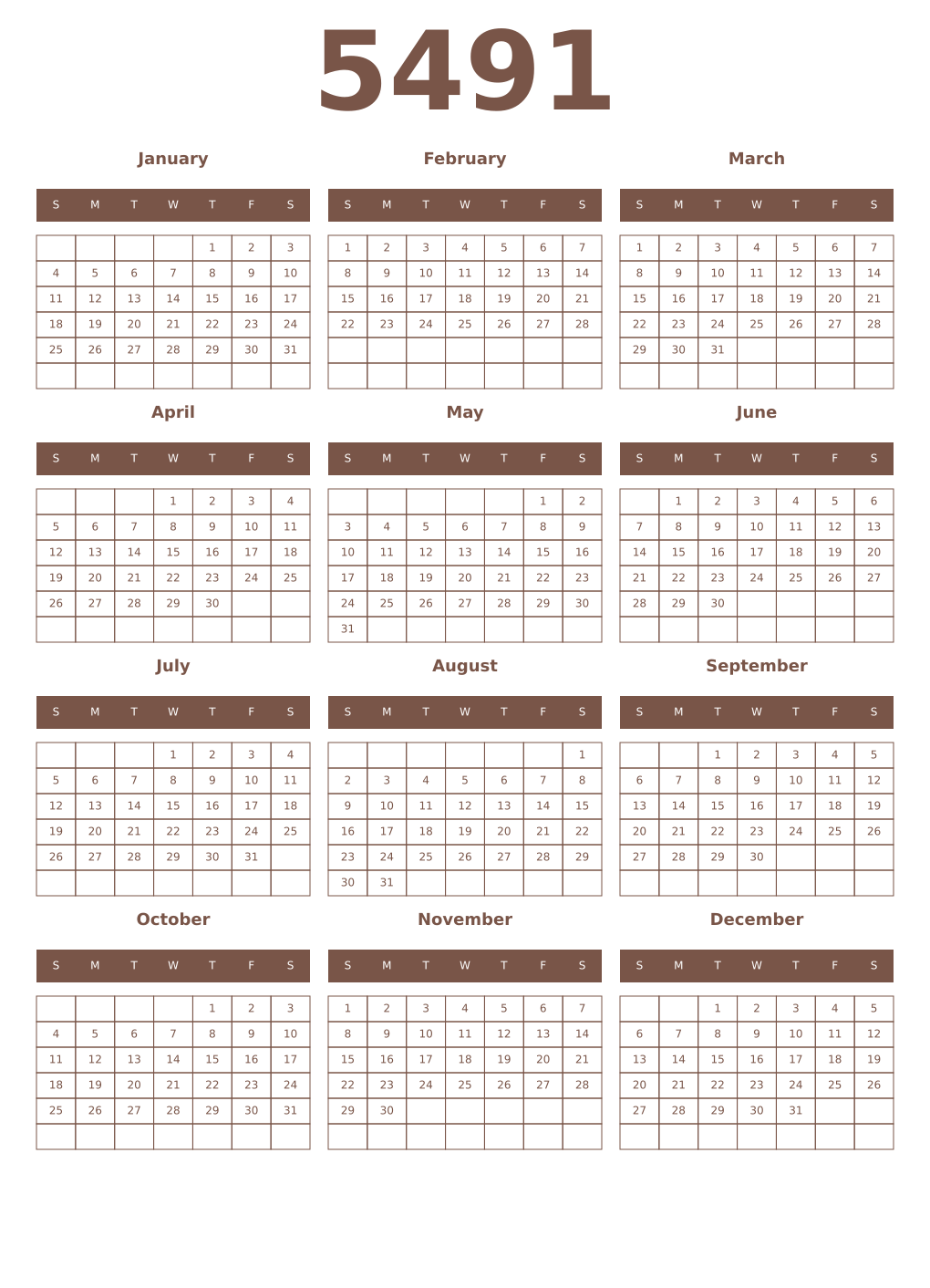 Printable 5491 Year Calendars coffe