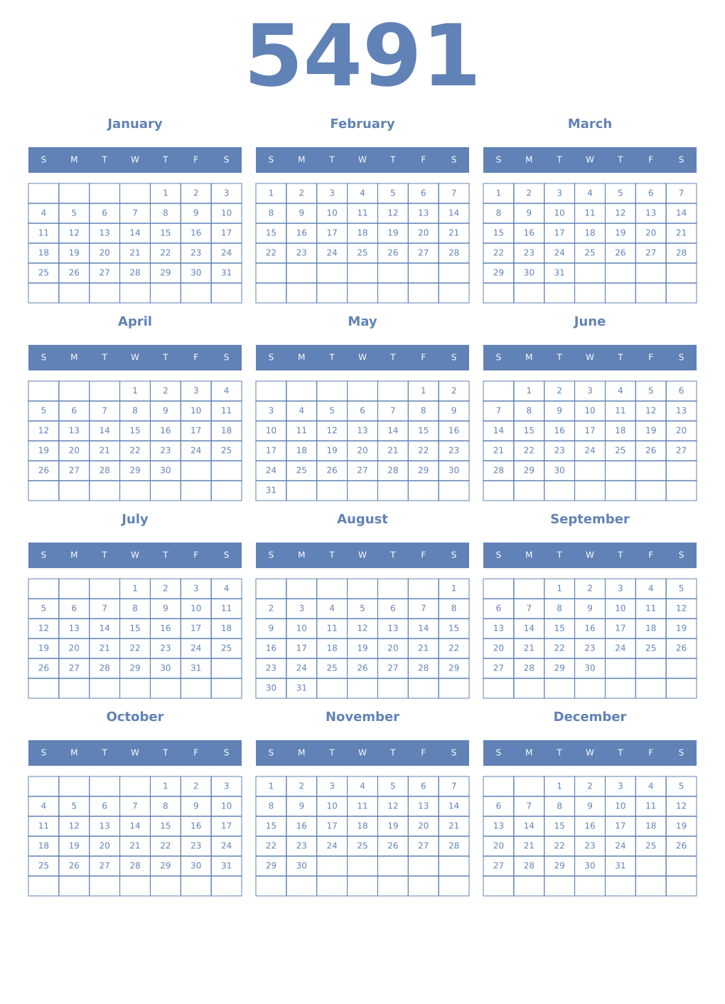Printable 5491 Year Calendars glaucous