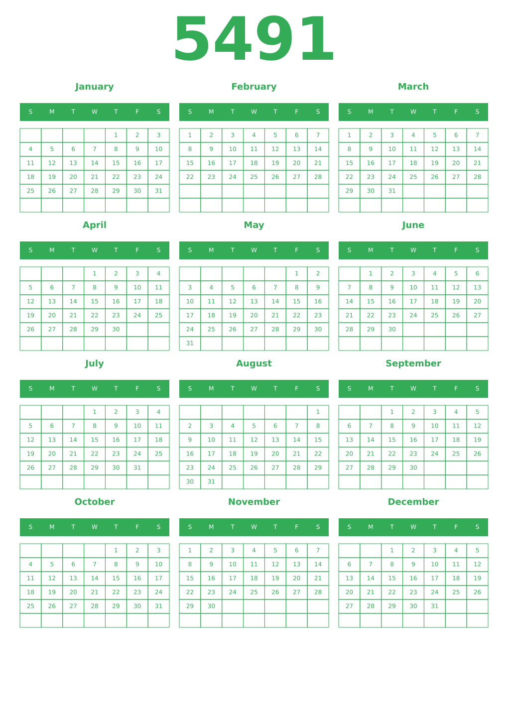 Printable 5491 Year Calendars green