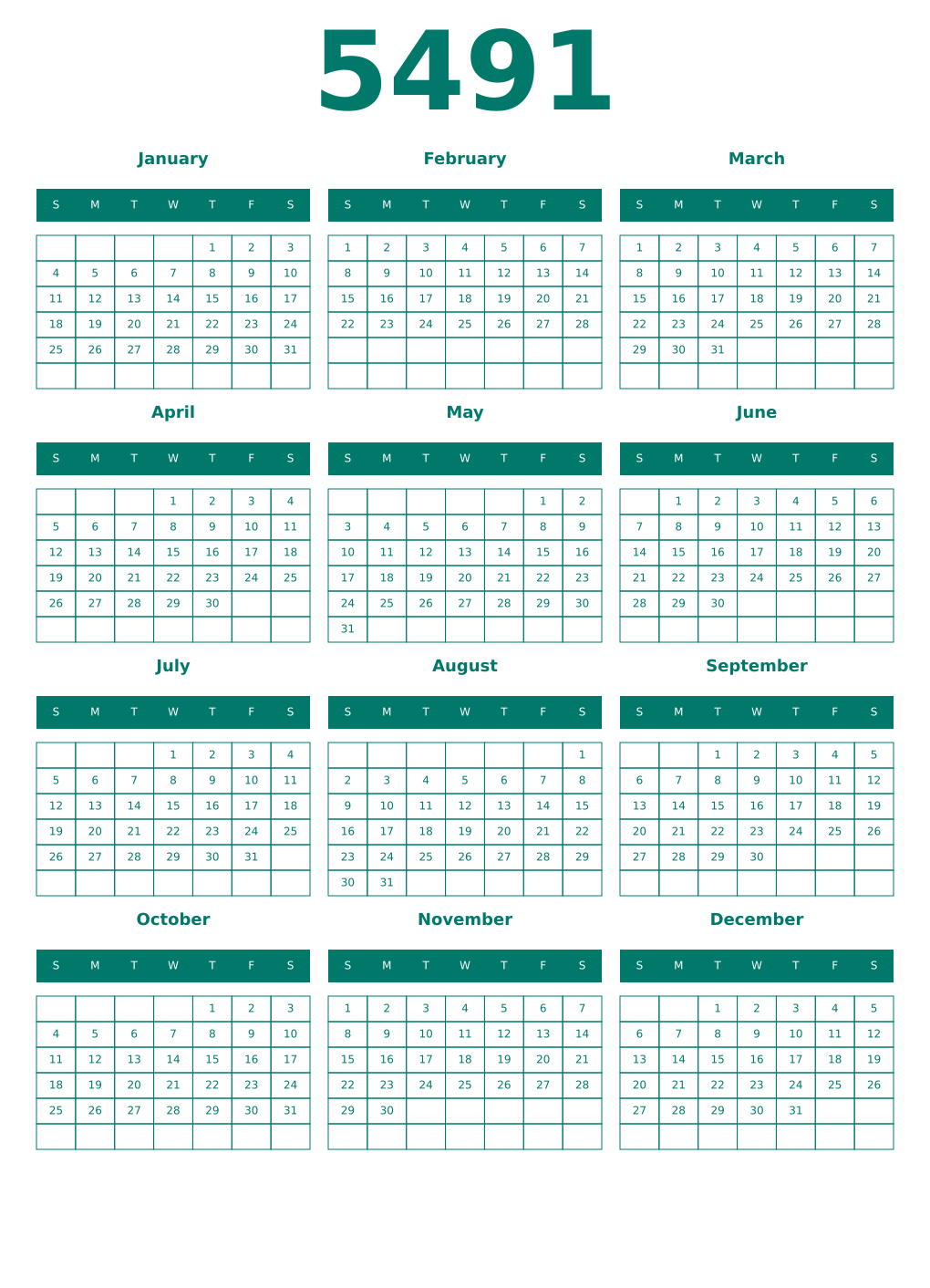 Printable 5491 Year Calendars pastel