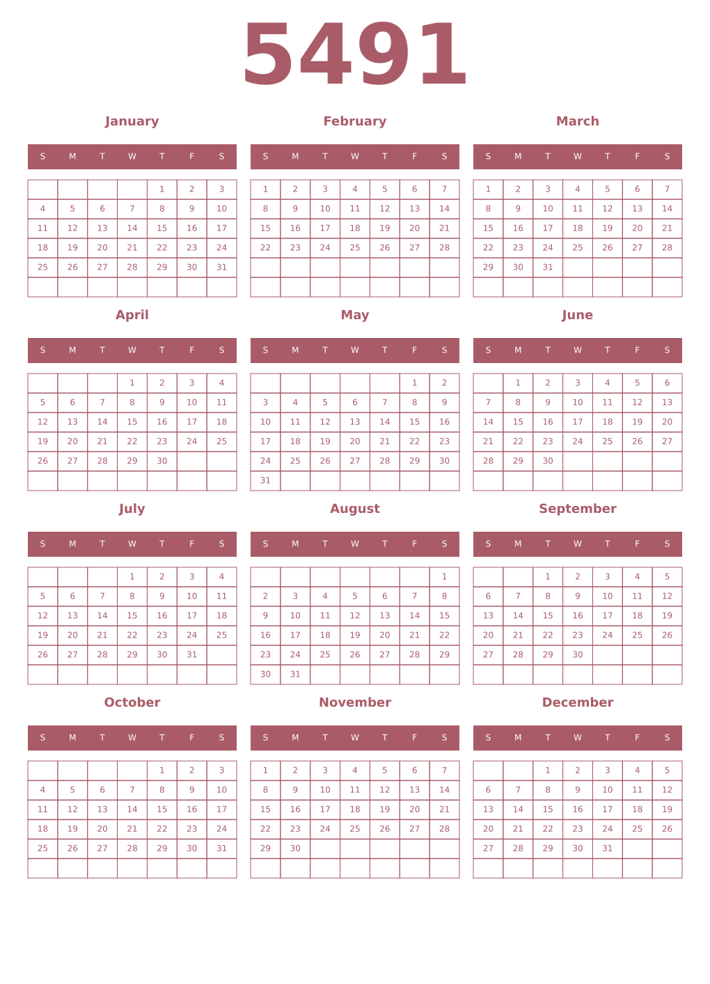 Printable 5491 Year Calendars puce