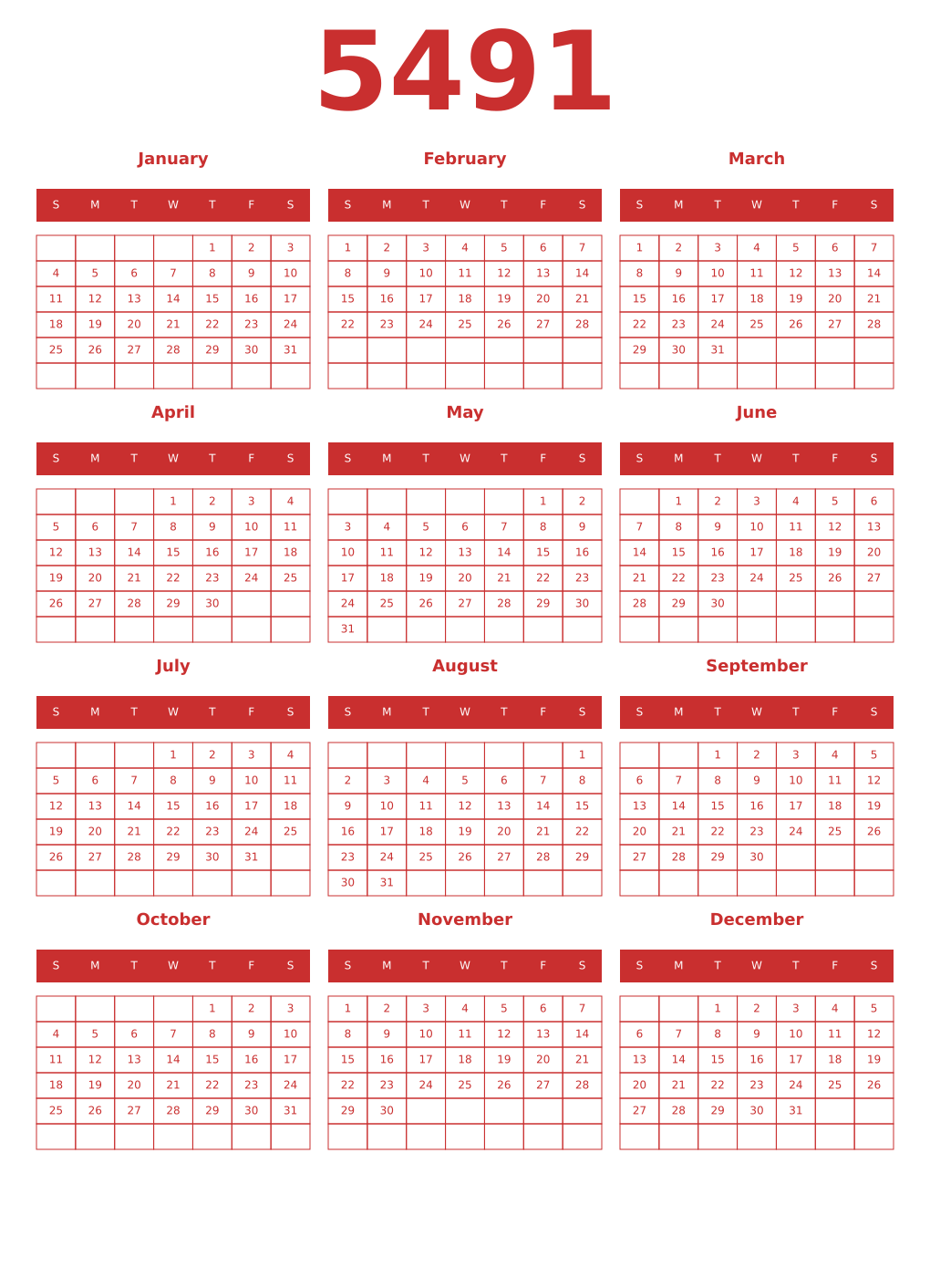 Printable 5491 Year Calendars red