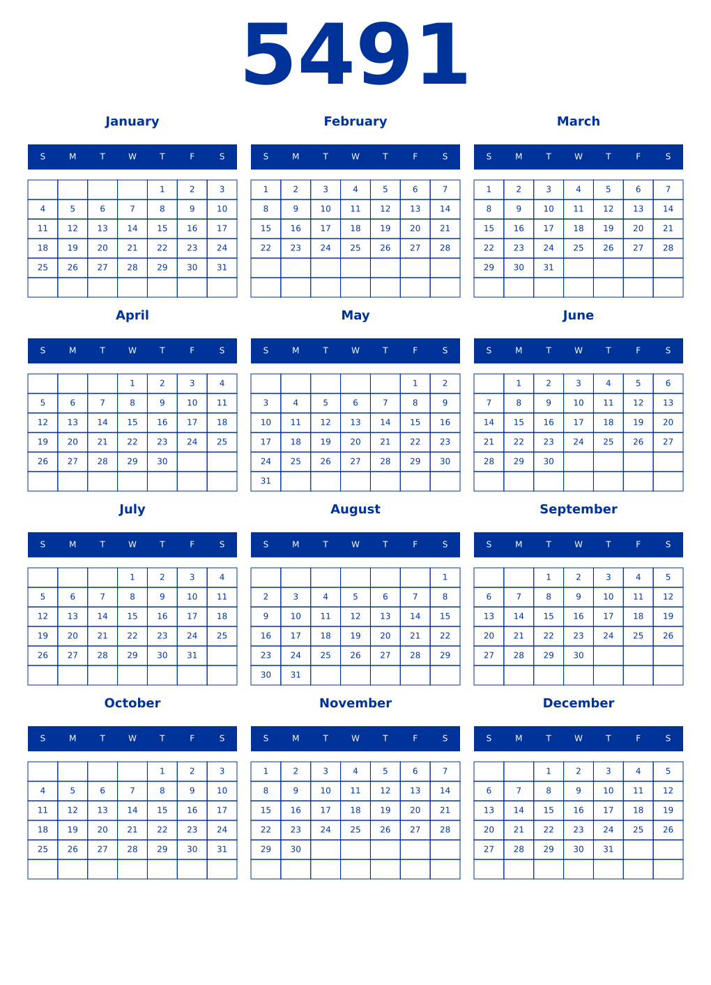 Printable 5491 Year Calendars smalt