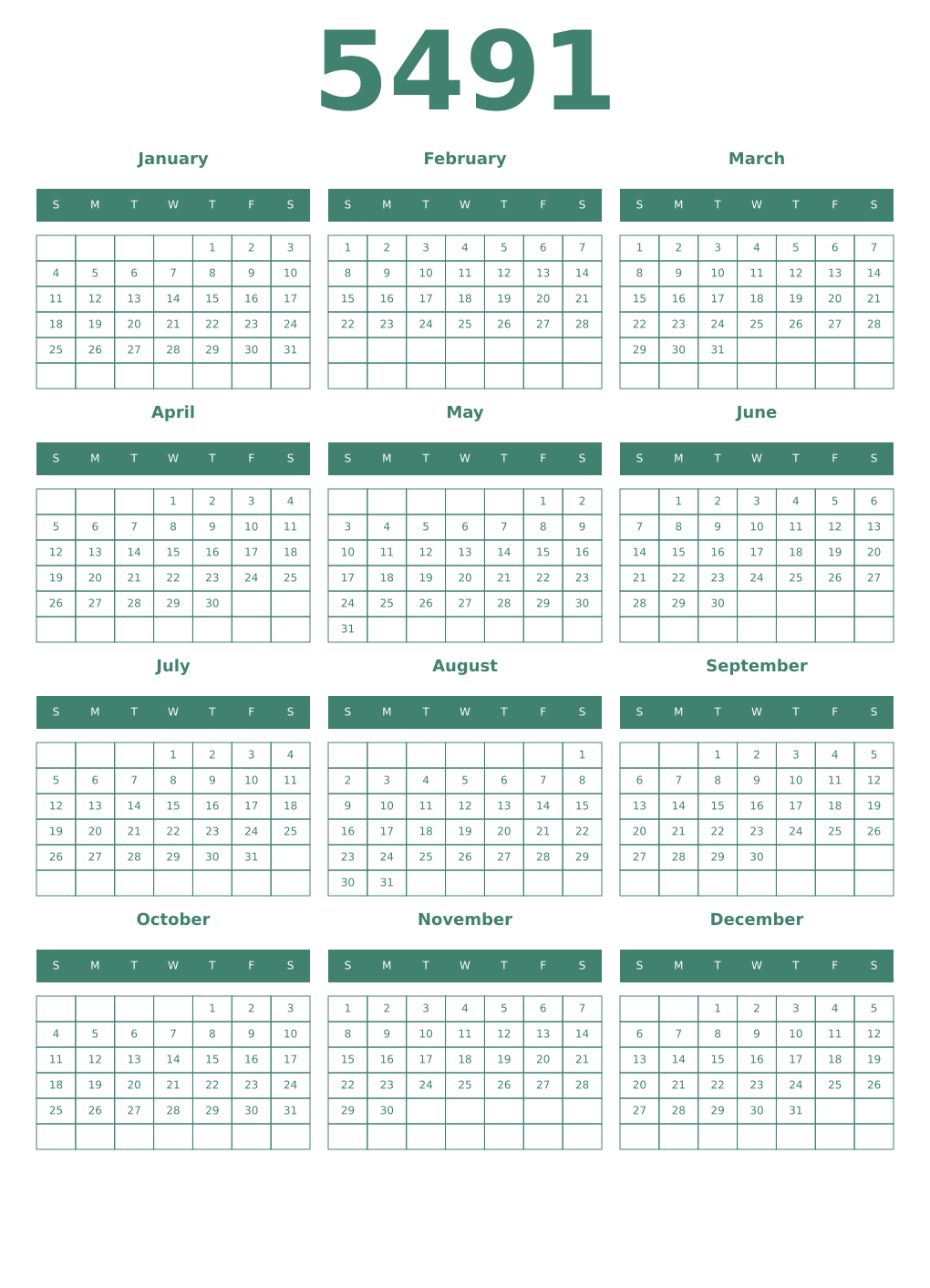 Printable 5491 Year Calendars viridian