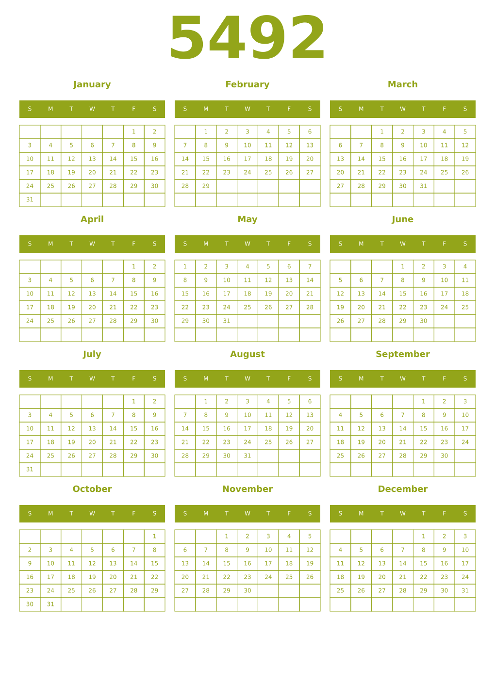 Printable 5492 Year Calendars chartreuse