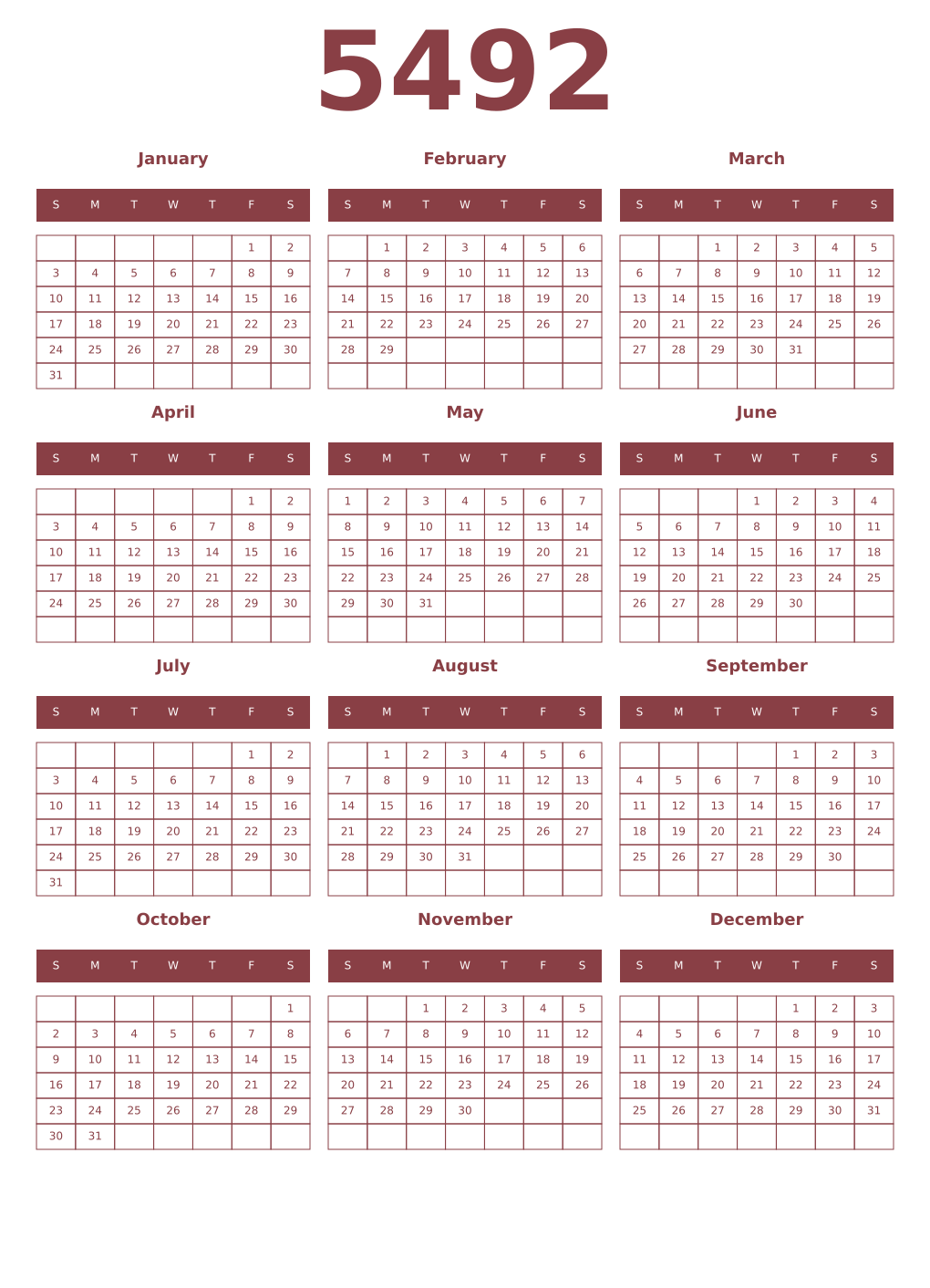 Printable 5492 Year Calendars cordovan