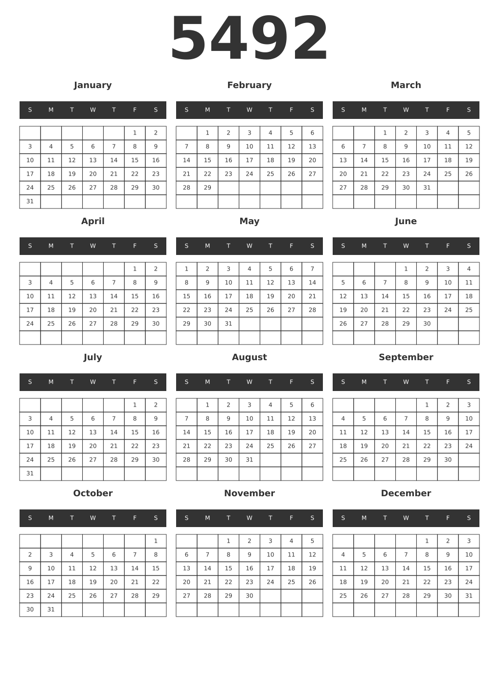 Printable 5492 Year Calendars dark