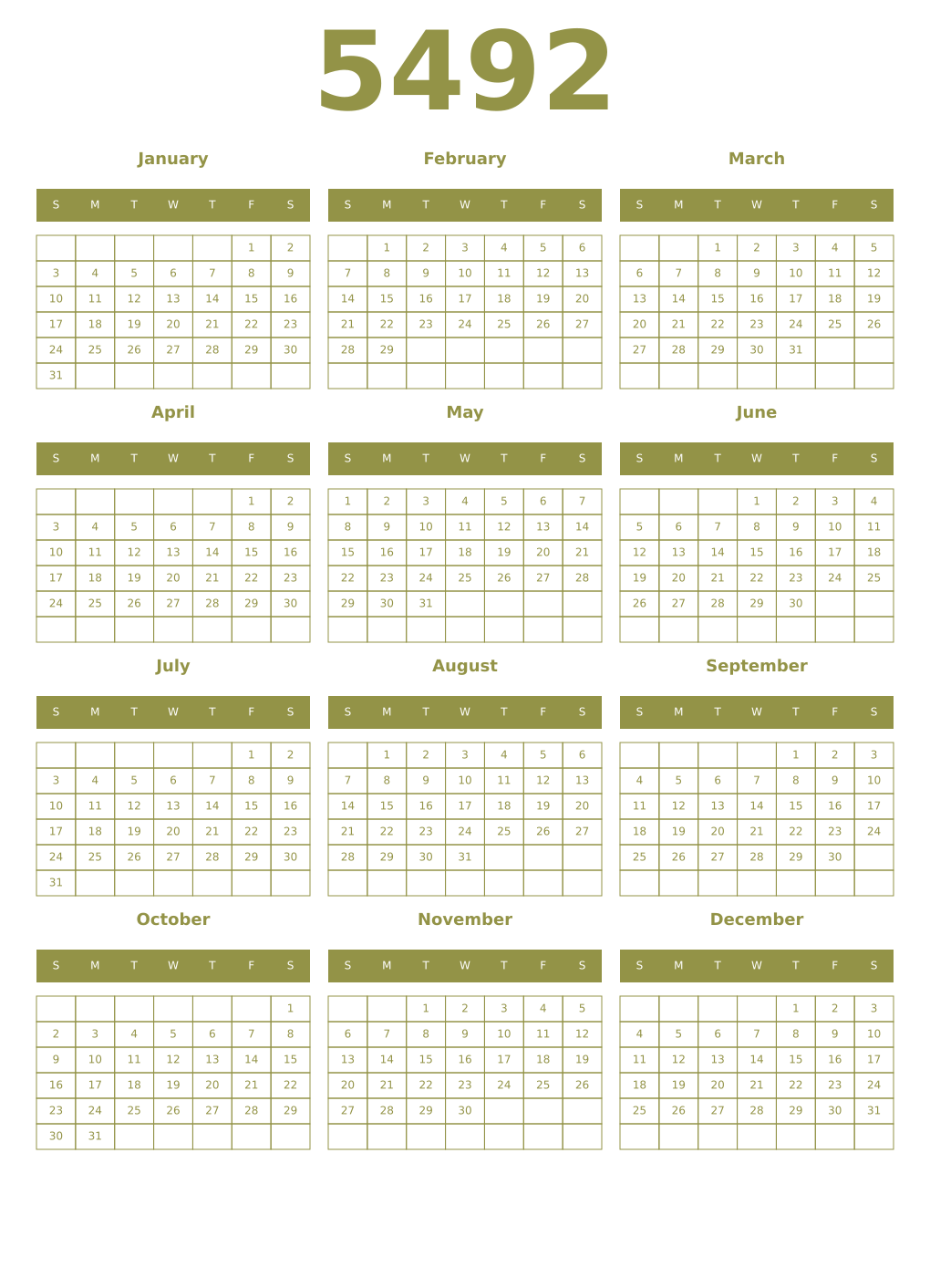 Printable 5492 Year Calendars eburnean