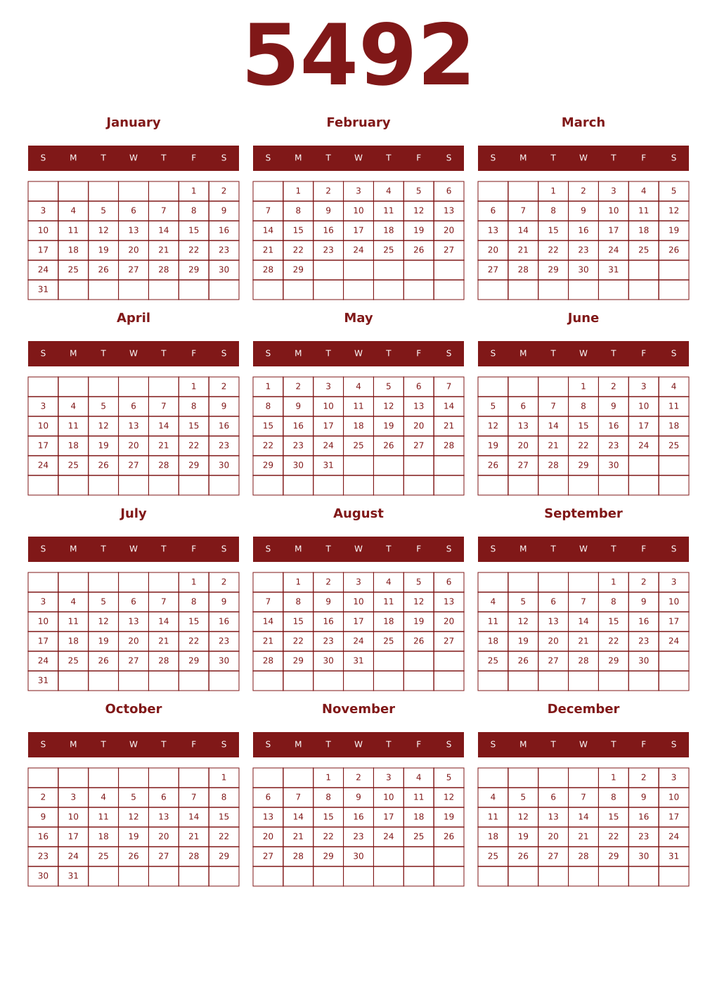 Printable 5492 Year Calendars falu