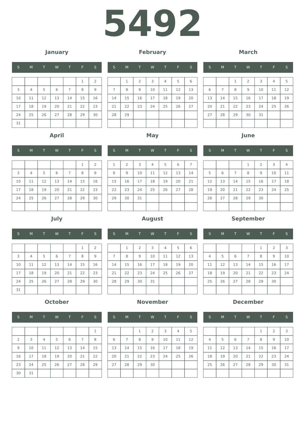 Printable 5492 Year Calendars feldgrau