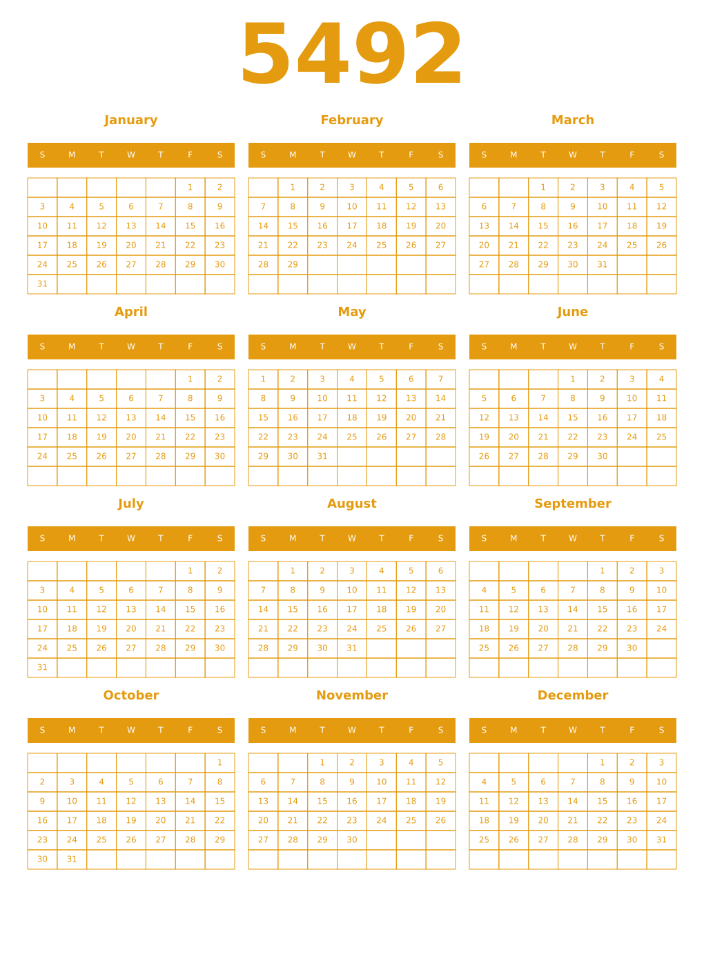 Printable 5492 Year Calendars gamboge
