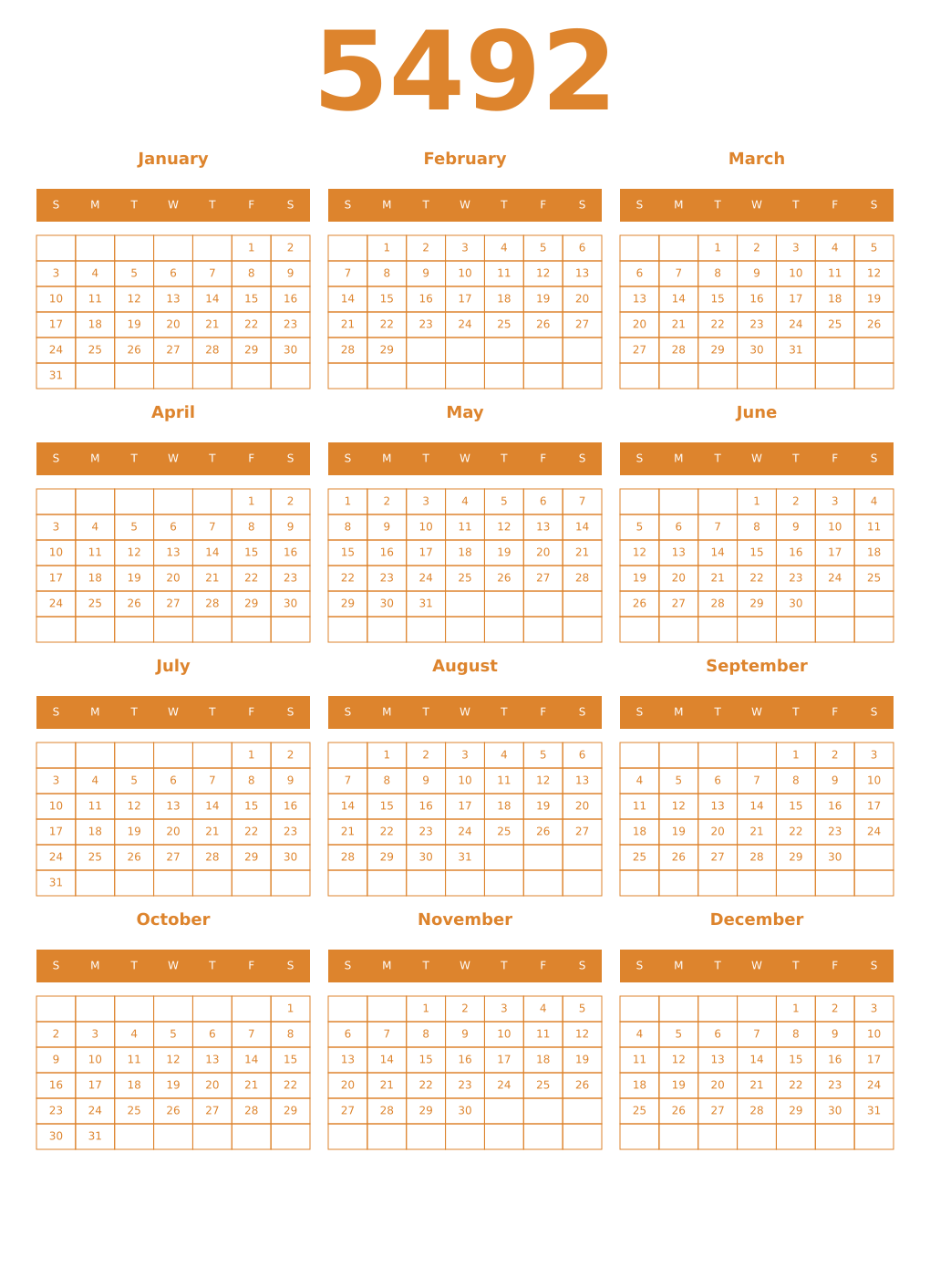Printable 5492 Year Calendars orange