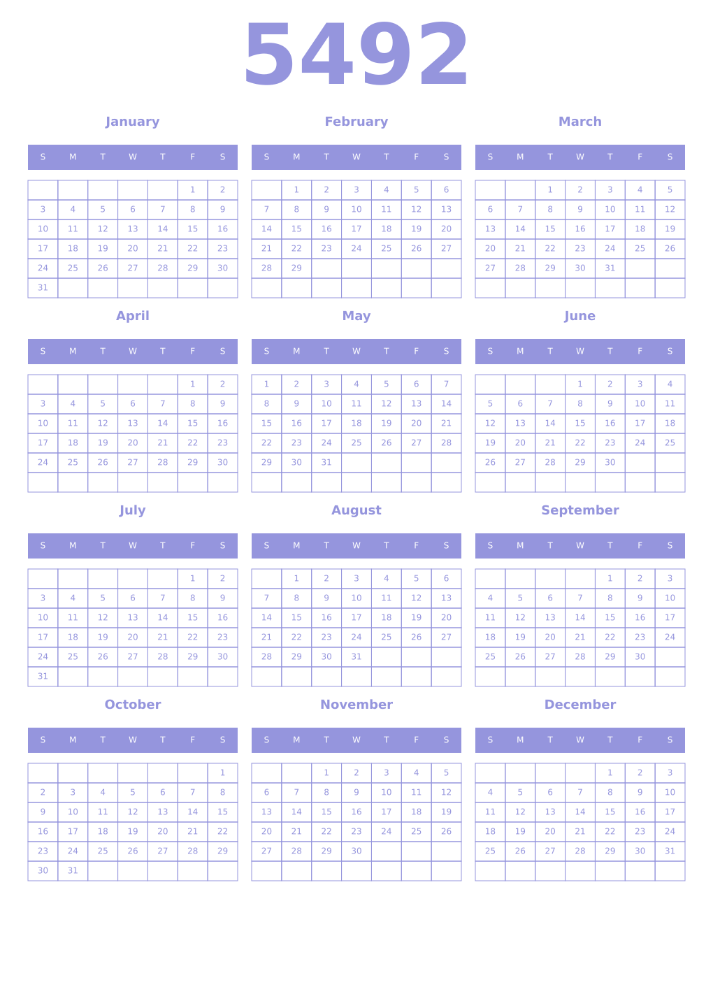 Printable 5492 Year Calendars periwinkle
