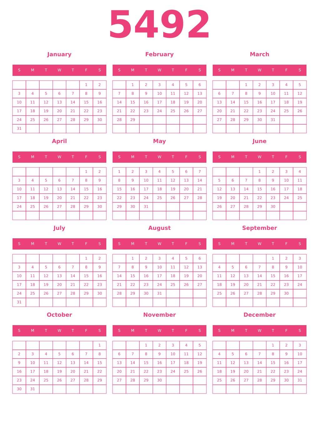 Printable 5492 Year Calendars pink