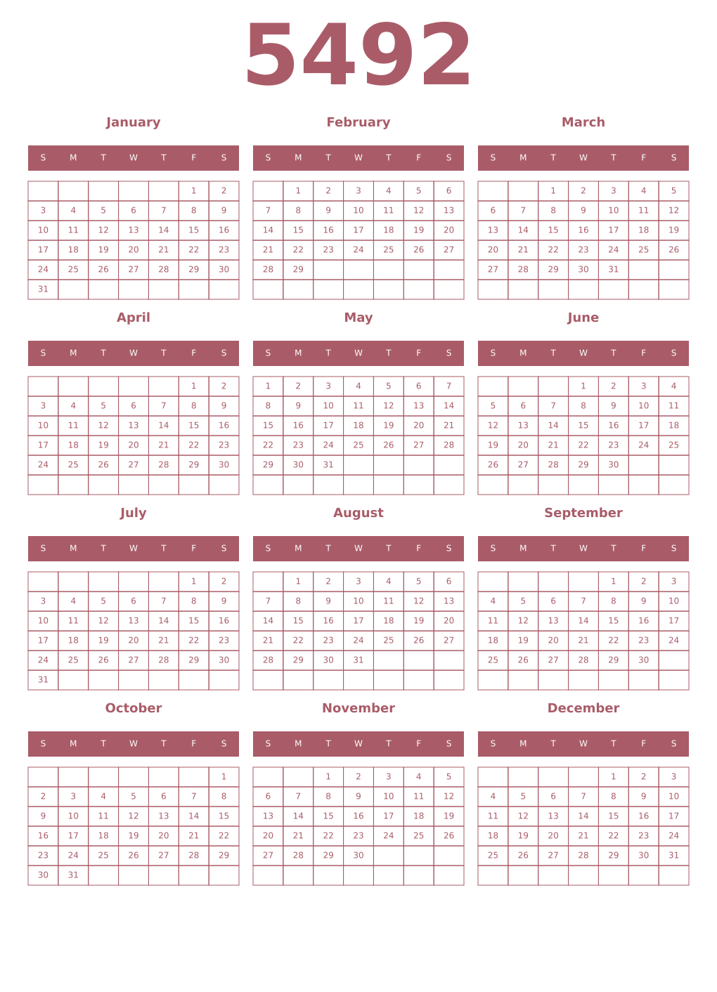 Printable 5492 Year Calendars puce