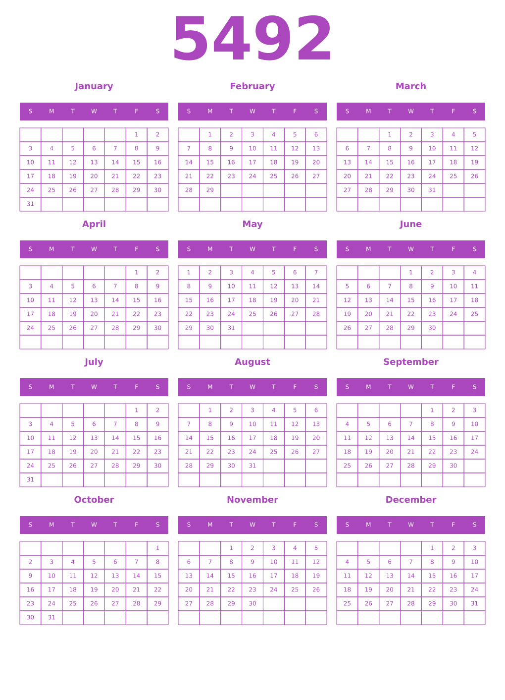 Printable 5492 Year Calendars purple