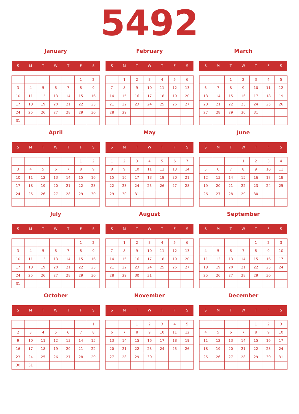 Printable 5492 Year Calendars red