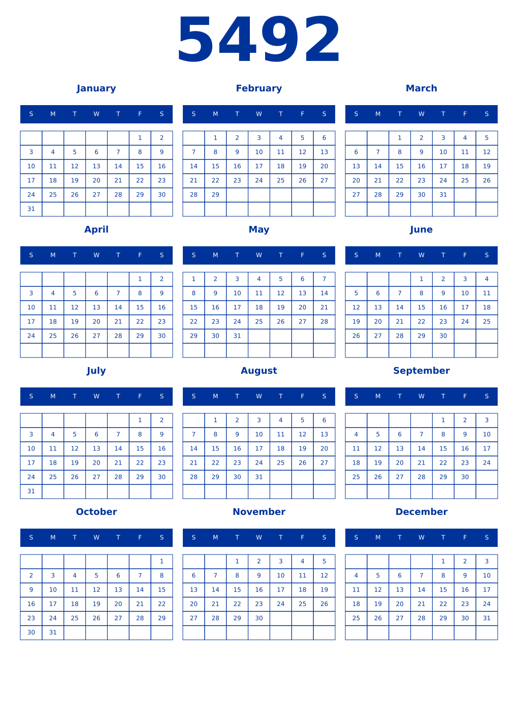 Printable 5492 Year Calendars smalt