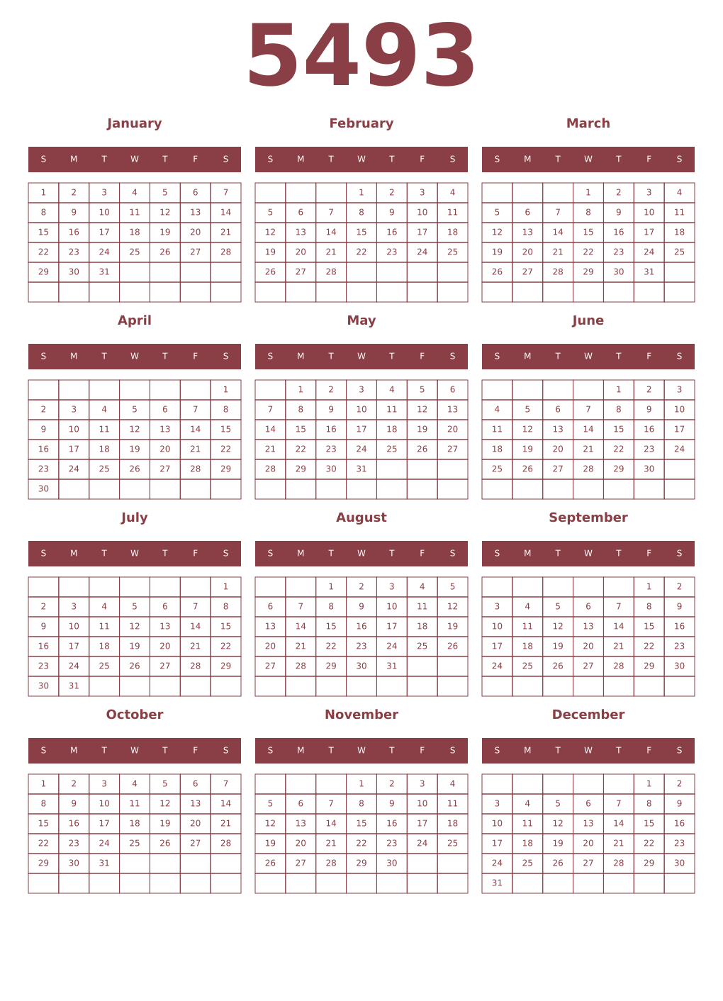 Printable 5493 Year Calendars cordovan