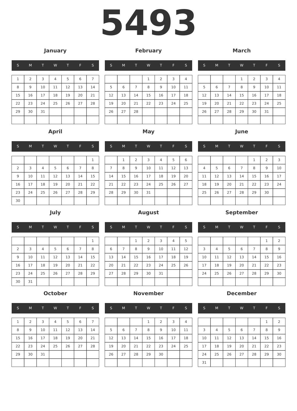Printable 5493 Year Calendars dark