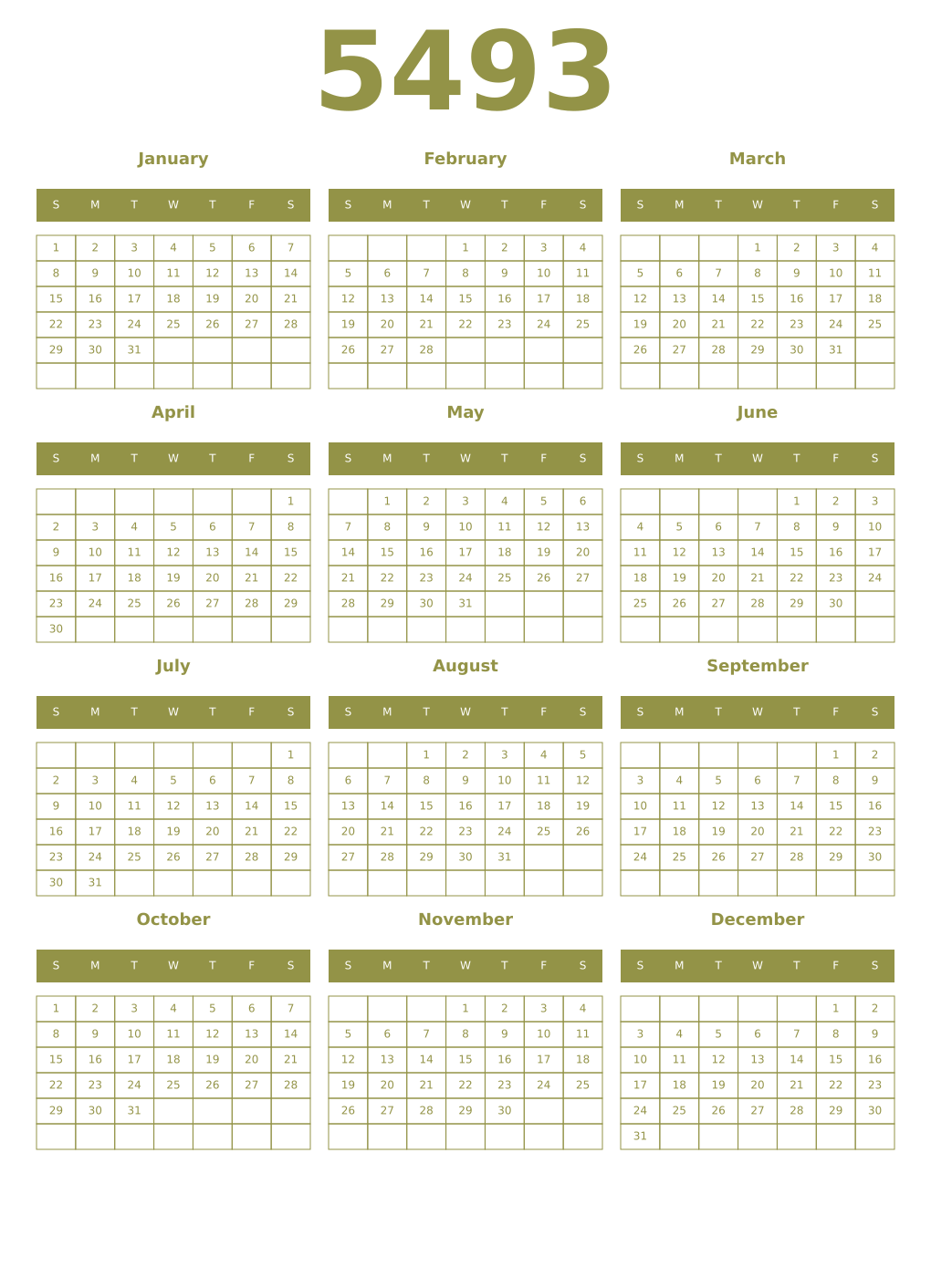 Printable 5493 Year Calendars eburnean