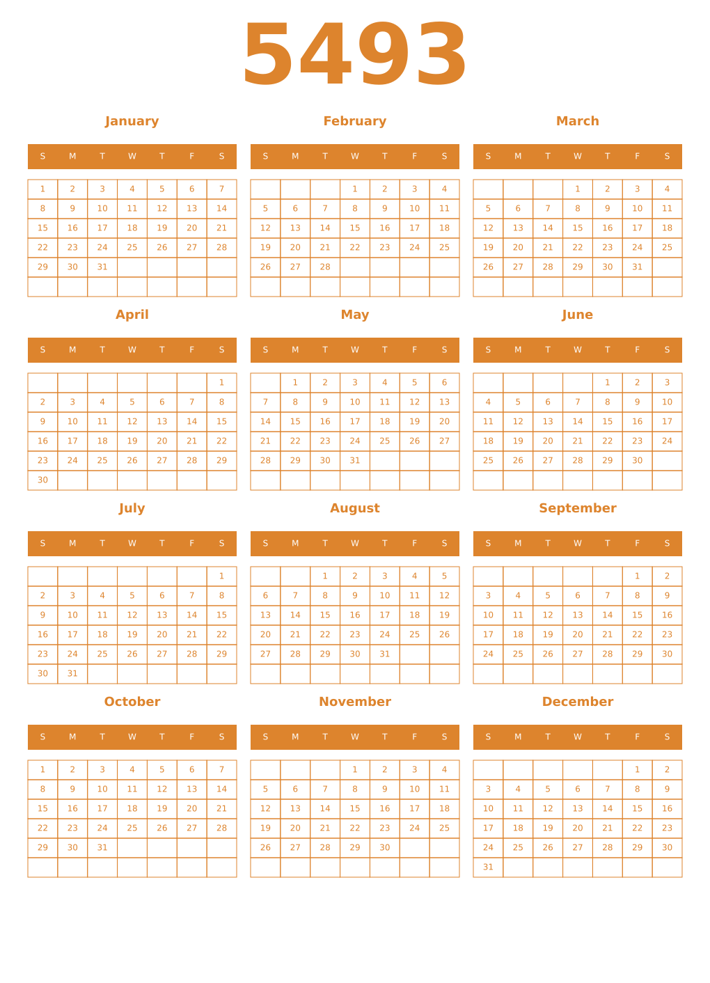 Printable 5493 Year Calendars orange