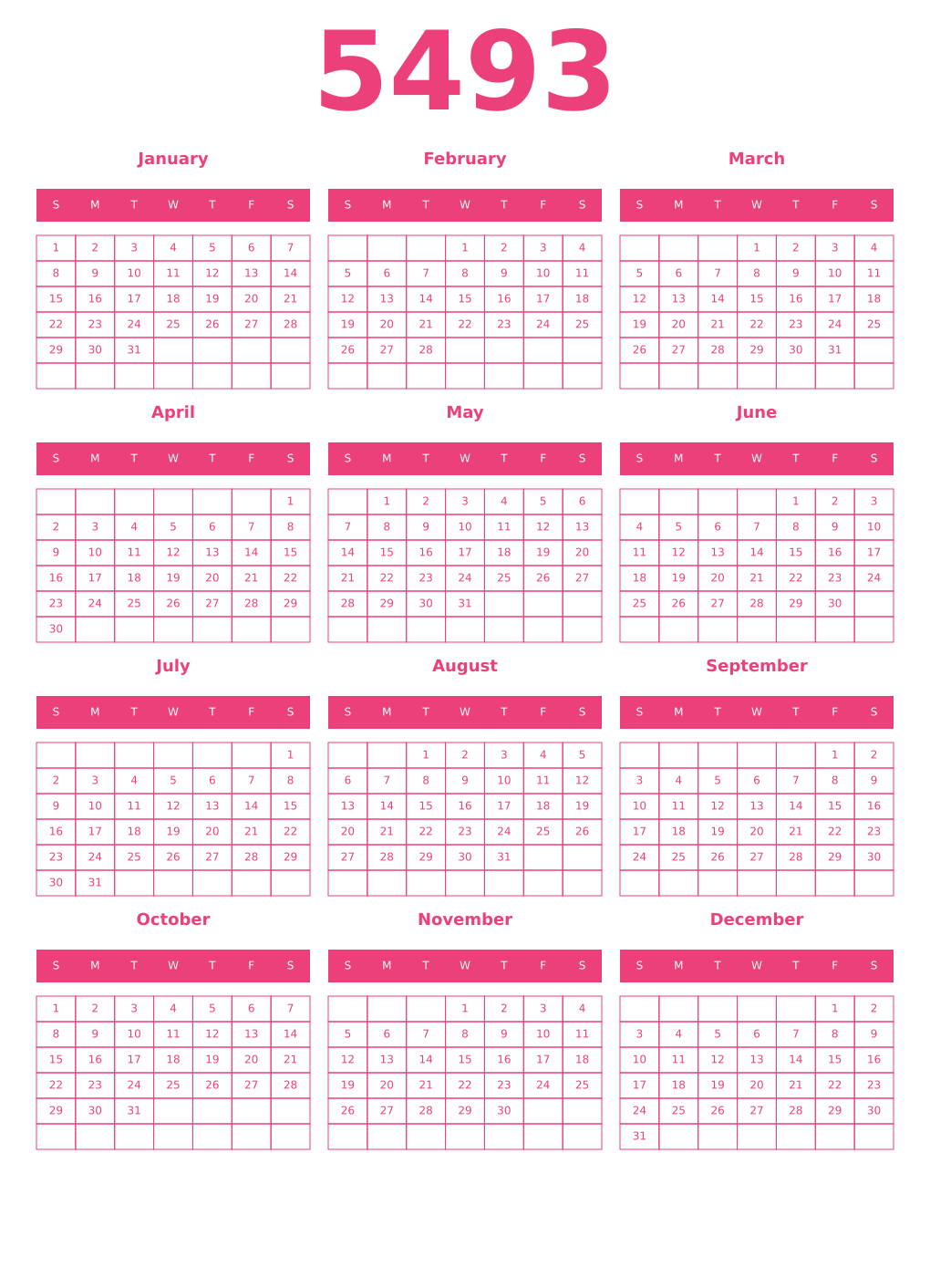 Printable 5493 Year Calendars pink