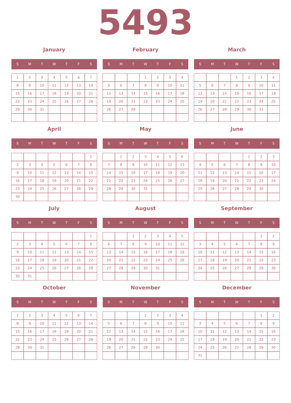 Printable 5493 Year Calendars puce