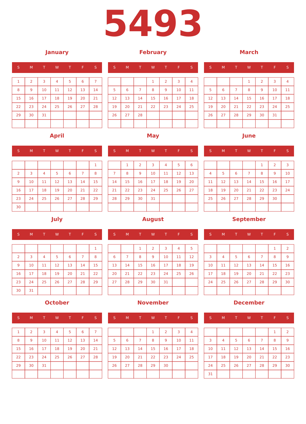 Printable 5493 Year Calendars red