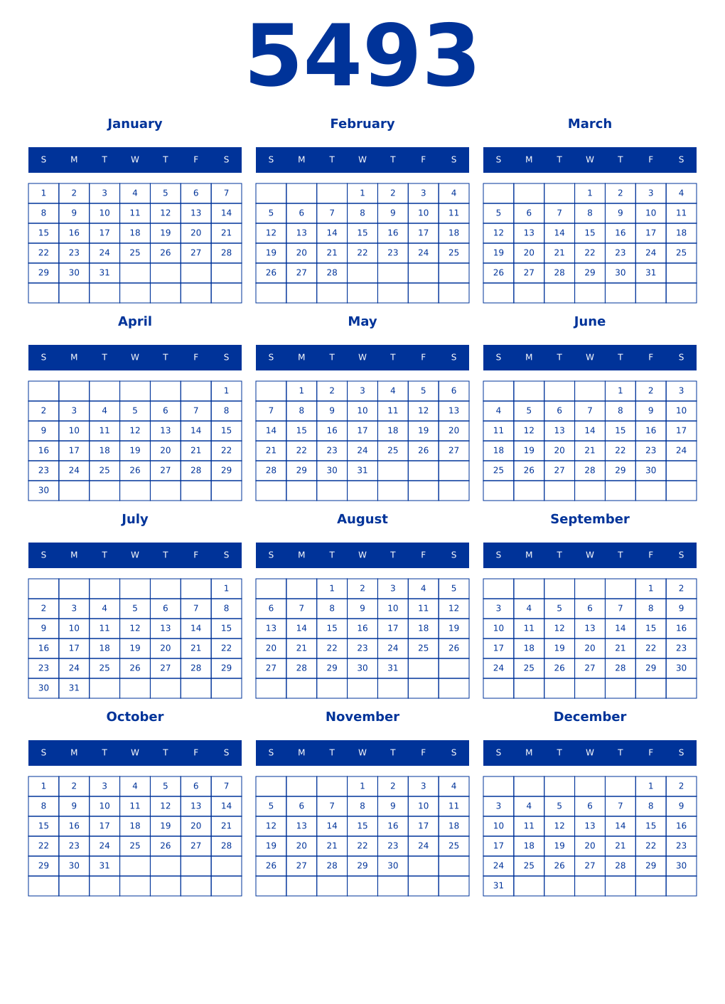 Printable 5493 Year Calendars smalt