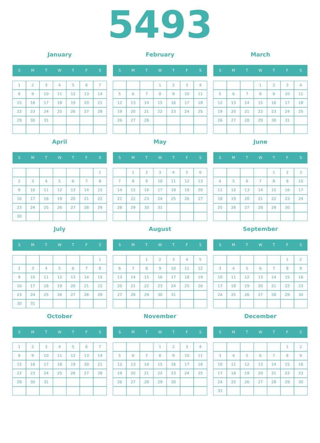 Printable 5493 Year Calendars verdigris