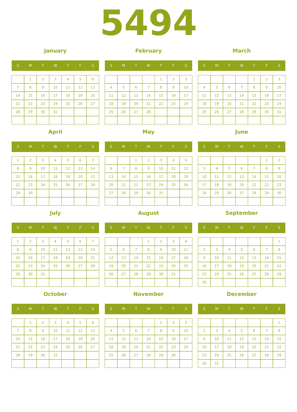 Printable 5494 Year Calendars chartreuse