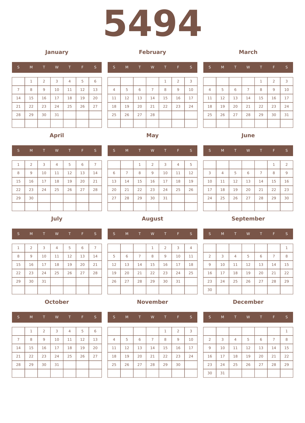 Printable 5494 Year Calendars coffe