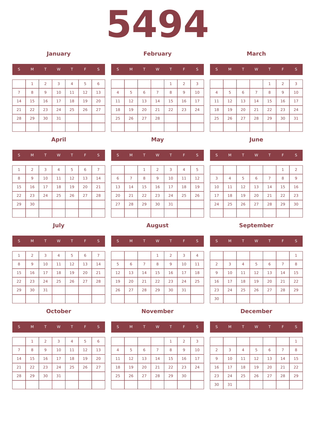 Printable 5494 Year Calendars cordovan