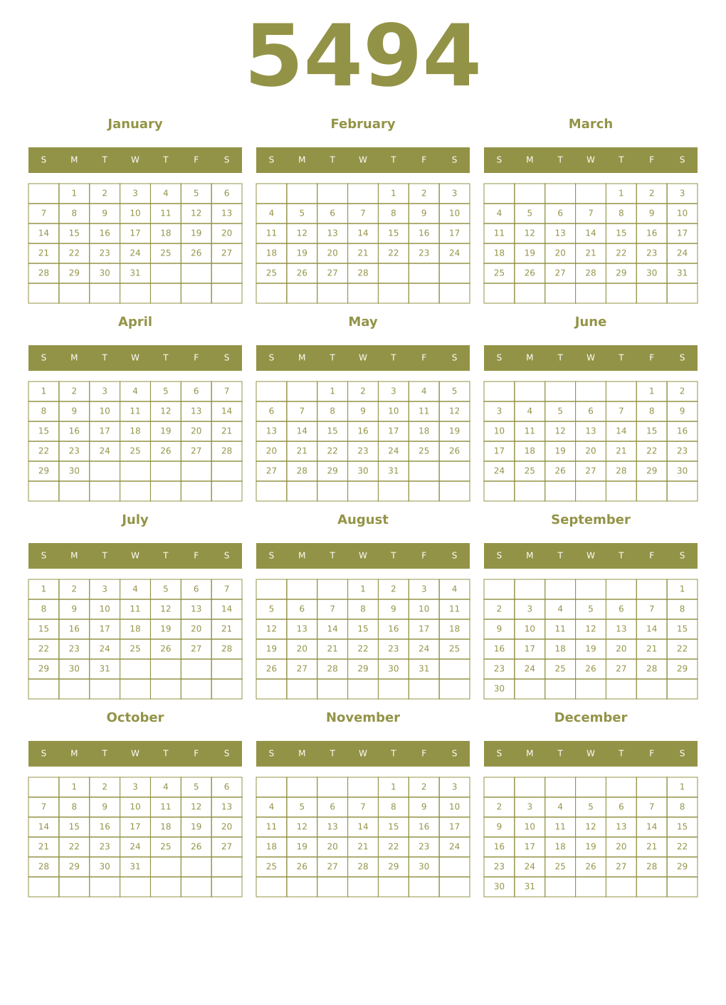 Printable 5494 Year Calendars eburnean