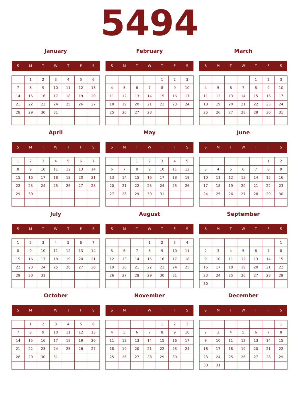 Printable 5494 Year Calendars falu