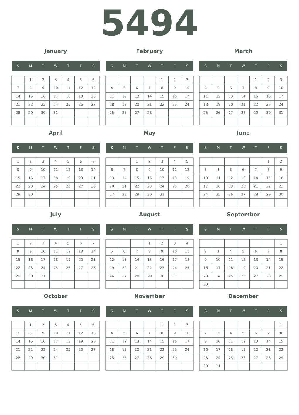 Printable 5494 Year Calendars feldgrau