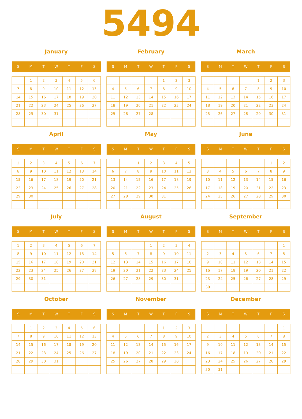Printable 5494 Year Calendars gamboge