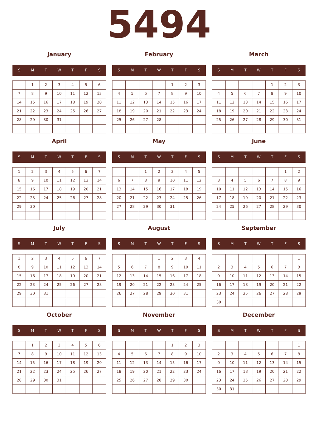 Printable 5494 Year Calendars mortuum